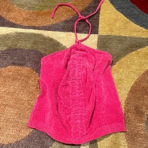 Urban Outfitters Hot Pink Chenille Sweater Material Ruched Crop Halter Top Small